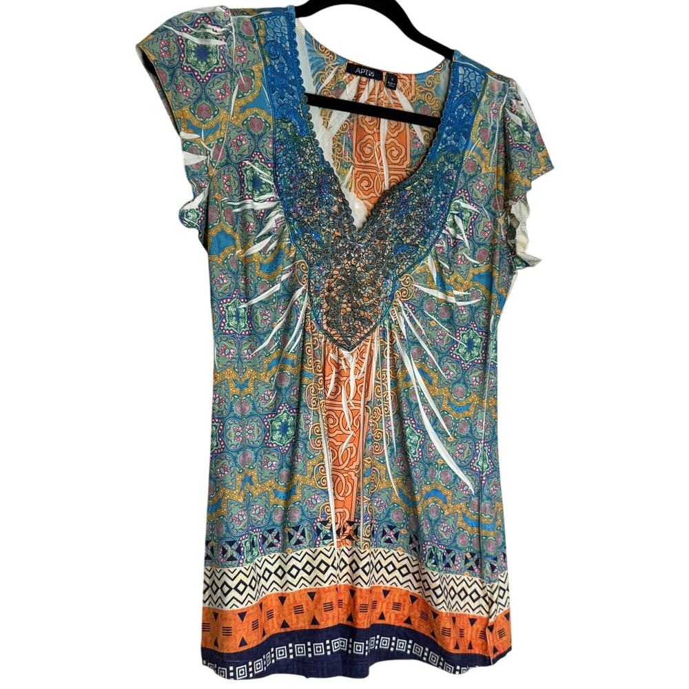 Apt 9 Women’s Paisley Boho Print Short Sleeve Top Small Poly Spandex